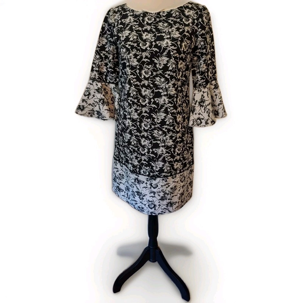 Jessica Howard Shift Dress Women 4P Black Floral Bell Sleeve Border Print Ditzy